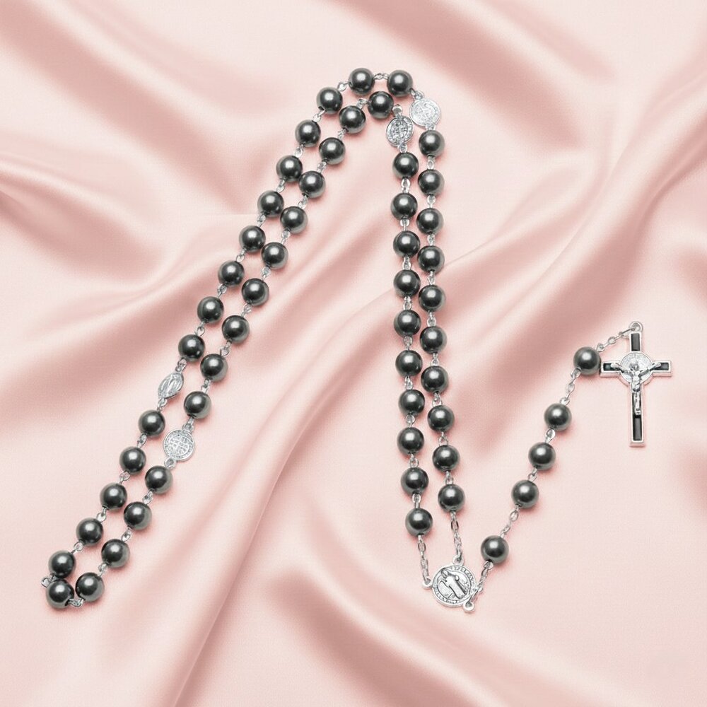 Hematite Beaded Catholic Rosary Prayer Crucifix Silver Tone Gothic Necklace NWOT - Picture 8 of 10